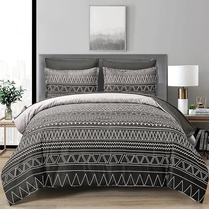 Casual WONGS BEDDING Boho Black Grey Comforter Set Queen Size 7 Piece Stripe Gradient Bed in a Bag Bedding Set for All Seasons Reversible Soft Microfiber Comforter with Sheets Pillowcases amp Shams Certified