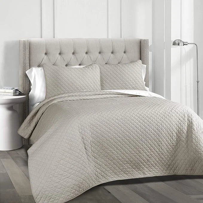 Verified Lush Decor Ava Quilt Diamond Pattern Solid 3 Piece Oversized Bedding Blanket Bedspread Set – King – Gray Pure