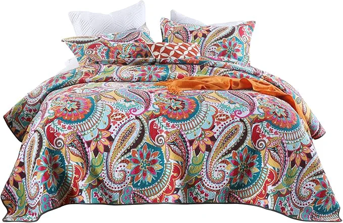 Long-Lasting Qucover Cotton Quilt Set Queen Size Multicolor Paisley Boho Style Soft Lightweight Coverlet with 2 Pillow Shams 90×98 Inches Eco-Friendly