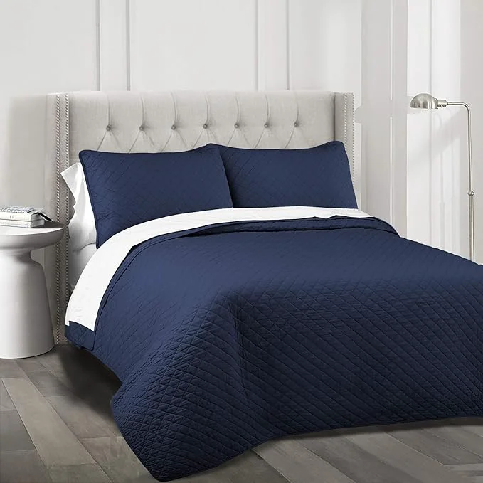Natural Lush Decor Ava Quilt Diamond Pattern Solid 3 Piece Oversized Bedding Blanket Bedspread Set – Full Queen – Navy Superior