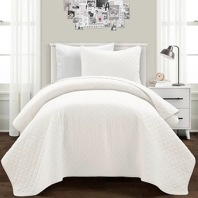 High-Performance Lush Decor Ava Quilt Diamond Pattern Solid 2 Piece Oversized Bedding Blanket Bedspread Set – Twin-XL – White First-Class