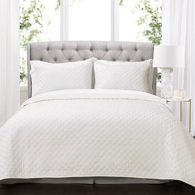 Carefully Designed Lush Decor Ava Quilt Diamond Pattern Solid 3 Piece Oversized Bedding Blanket Bedspread Set – Full Queen – Off-White Efficient