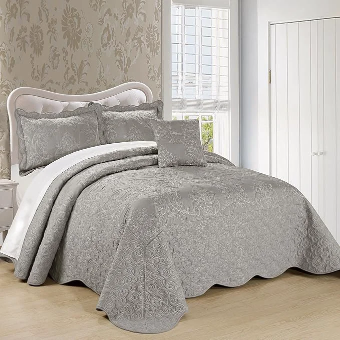 Elegant Home Soft Things Damask 4 Piece Bedspread Set Scalloped Edge Reversible Coverlet Comforter Prewashed Bedding Set Matelasse Embossed Floral Solid Pattern Ash Gray Oversize King 120 quot x 120 quot Casual