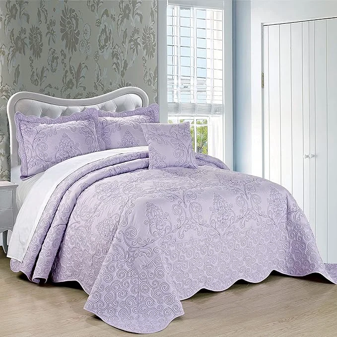 Superior Home Soft Things Damask 4 Piece Bedspread Set Scalloped Edge Reversible Coverlet Comforter Prewashed Bedding Set Matelasse Embossed Floral Solid Pattern Lavender Fog Oversize Queen 110 quot x 120 quot Minimalist