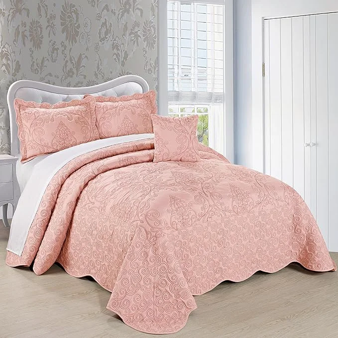 Unique Home Soft Things Damask 4 Piece Bedspread Set Scalloped Edge Reversible Quilt Coverlet Comforter Prewashed Bedding Set Matelasse Embossed Floral Solid Pattern Dusty Pink Oversize Queen 110 quot x 120 quot Sophisticated