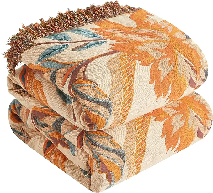 Boho Throw Blanket for Bed 90 x108 Cotton Woven Blanket for Couch Sofa Ultra Soft 4-Layer Muslin Quilt with Floral Printed Farmhouse Bed Blanket Cover for Living Room Decor Unique