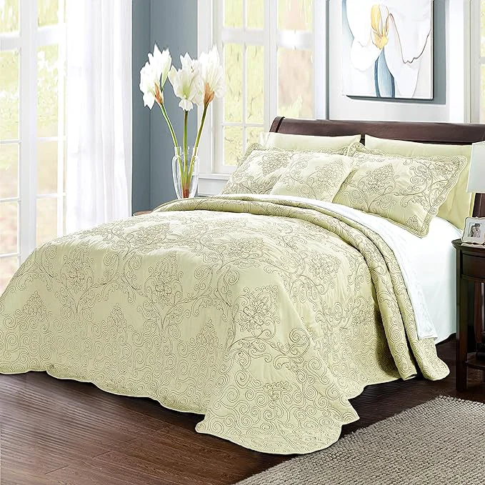 Breathable Home Soft Things Damask 4 Piece Bedspread Set Scalloped Edge Quilt Coverlet Comforter Prewashed Bedding Set Matelasse Embossed Floral Solid Pattern Yellowish Green Oversize Queen 110 quot x 120 quot Sophisticated