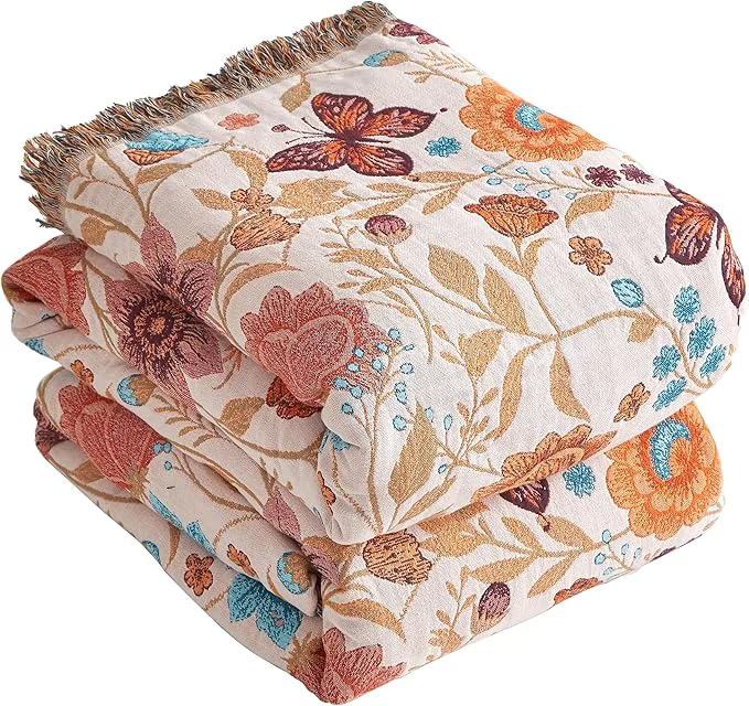 Trusted Boho Throw Blanket for Bed 80 x90 Cotton Woven Blanket for Couch Sofa Ultra Soft 4-Layer Muslin Quilt with Floral Printed Farmhouse Bed Blanket Cover for Living Room Decor Minimalist