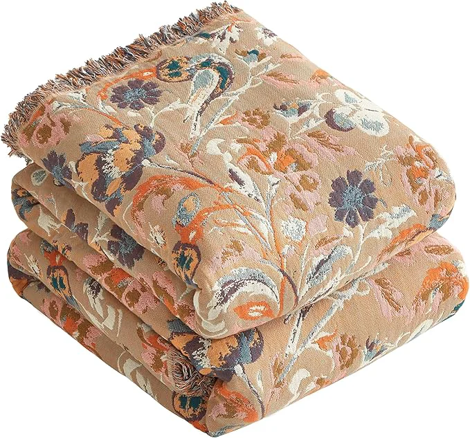 Professional Boho Throw Blanket for Bed 60 x80 Cotton Woven Blanket for Couch Sofa Ultra Soft 4-Layer Muslin Quilt with Floral Printed Farmhouse Bed Blanket Cover for Living Room Decor Official