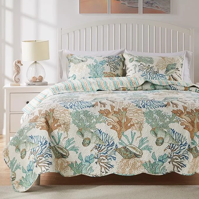 Exceptional Greenland Home Atlantis Coastal Sea Coral Oversized Reversible Quilt Set 2-Piece Twin XL Jade Effective