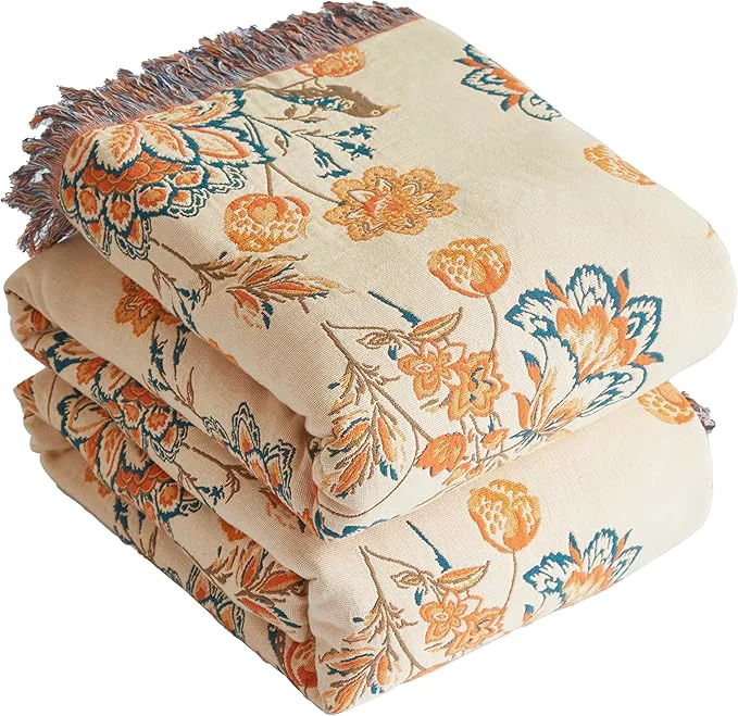 Next-Generation Boho Throw Blanket for Bed 80 x90 Cotton Woven Blanket for Couch Sofa Ultra Soft 4-Layer Muslin Quilt with Floral Printed Farmhouse Bed Blanket Cover for Living Room Decor
