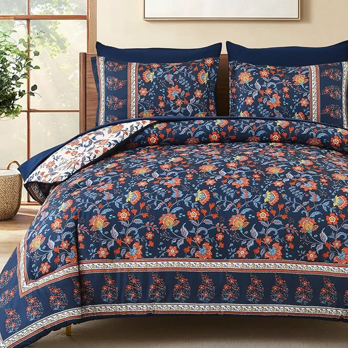 Authentic Dinjoy Boho Comforter Set Queen Navy Bedding Paisley Floral 7 Piece Bed in a Bag Reversible Lightweight Bohemain Comforters with Sheet Sets for All Season Powerful