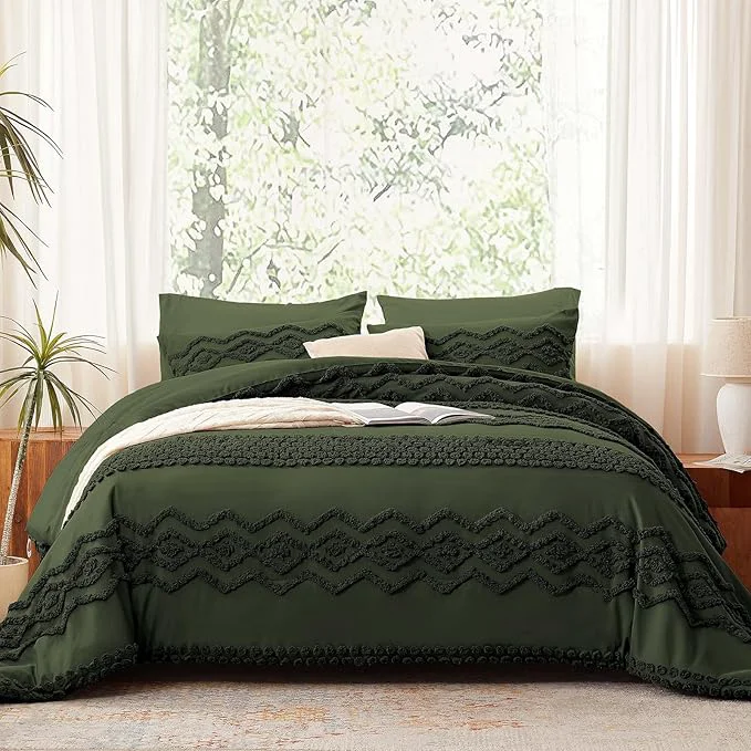 Smart Luxudecor Olive Green Boho Tufted Comforter Set Queen Size 3 Pieces Boho Shabby Chic Comforter Farmhouse Embroidery Bedding Set Soft Comforter for All Seasons Olive Green 90 39 39 x90 39 39 Smooth