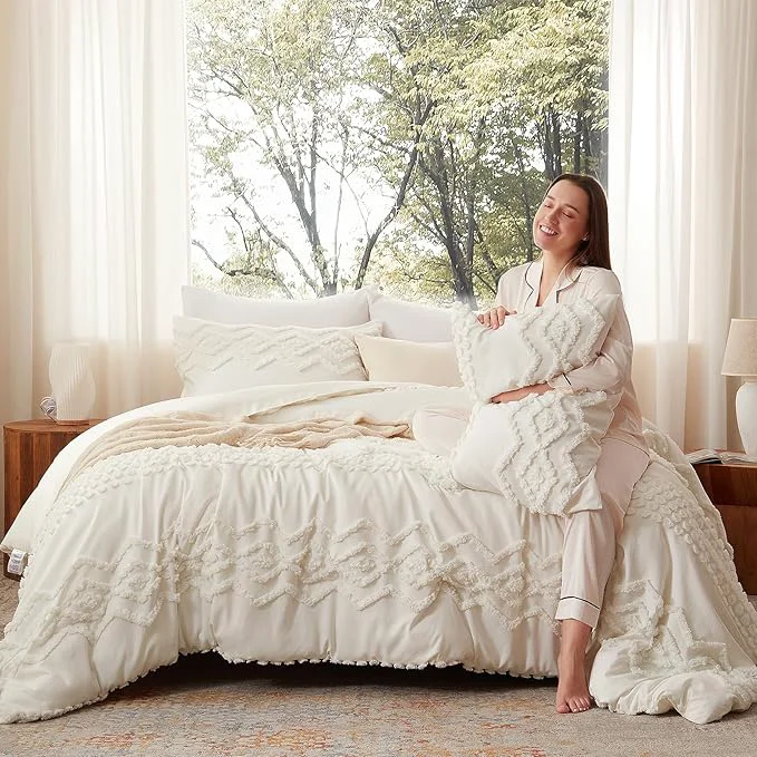 Fashionable Luxudecor Boho Tufted Comforter Set King Size 3 Pieces White Shabby Chic Comforter Farmhouse Embroidery Bed Set Soft Comforter for All Seasons White 104 39 39 x90 39 39 Unique