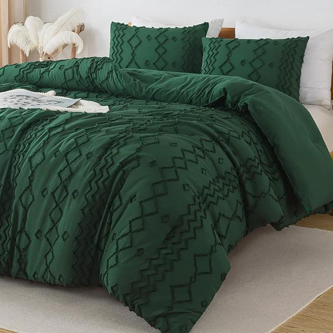 Organic Andency Comforter Full Size Emerald Green 3 Pieces Dark Green Boho Tufted Geometric Shabby Chic Bedding Soft Fluffy Farmhouse Bed Set Jacquard Textured Comforter for All Season 79×90 Inch