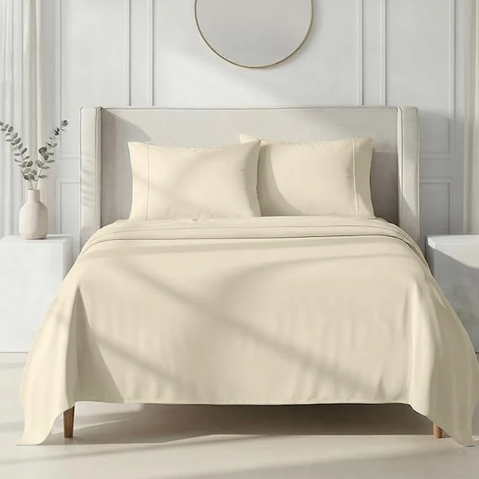 Minimalist California Design Den Thick and Natural Cotton Sheets King Size Set – 1000 Thread Count Sateen Deep Pocket King Bed Sheet Set Durable Bedding – Ivory Creamy Beige Tone Solid