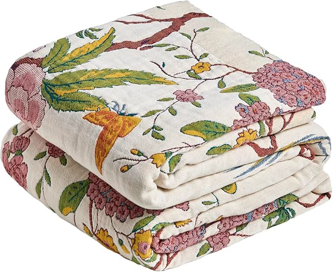 Certified MSGKV The Boho Layer 50 quot x60 quot Cotton Throw Blanket – Lightweight amp Reversible Chinoiserie Floral amp Bird Pattern Spring Decorative Accent for Couch Snuggles Bed Layers amp Road Trips Powerful
