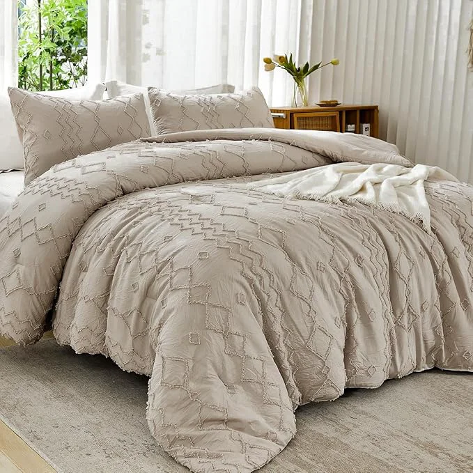 Convenient Andency Khaki Tufted Comforter Set California King 104x96Inch 3 Pieces 1 Boho Comforter 2 Pillowcases Textured Farmhouse Shabby Chic Bed Set Soft Fluffly Down Geometric Tan Bedding High-End