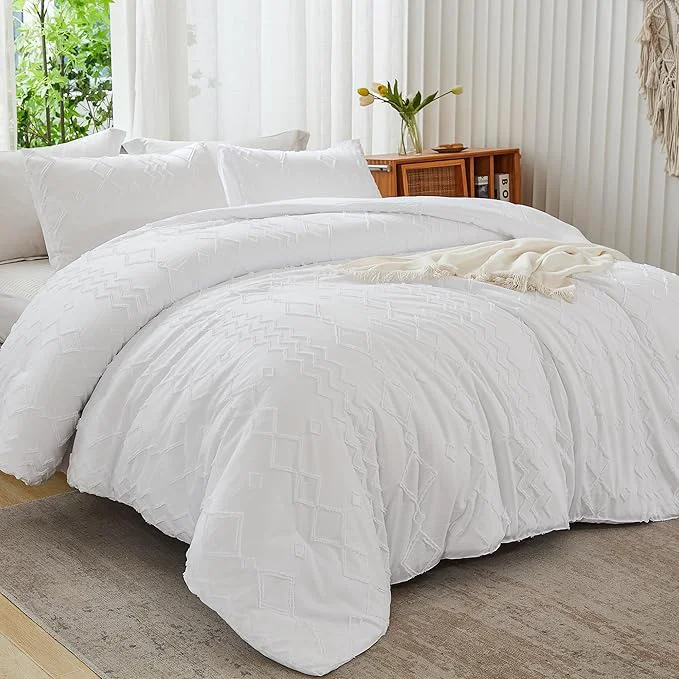 Premium Material Andency White Tufted Comforter Set King 104x90Inch 3 Pieces 1 Tufts Comforter 2 Pillowcases Boho Textured Farmhouse Bed Microfiber Down Geometric Bedding Set Efficient