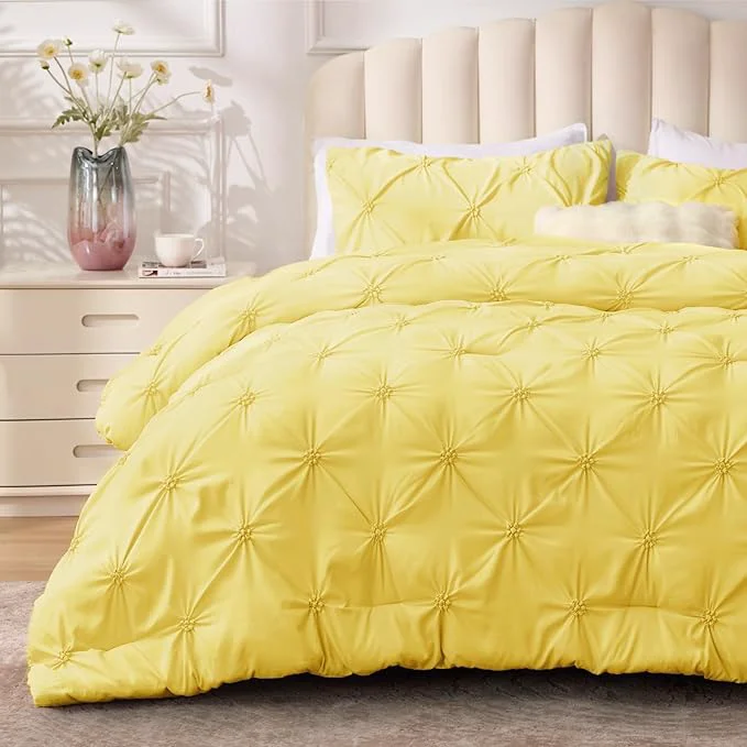 Official BEDELITE Light Yellow Twin Comforter Set – 2 Peices Boho Pintuck Bedding Comforter Sets Lightweight Soft amp Warm Twin Bedding Sets with 1 Pillowcase for All Season Top-Quality