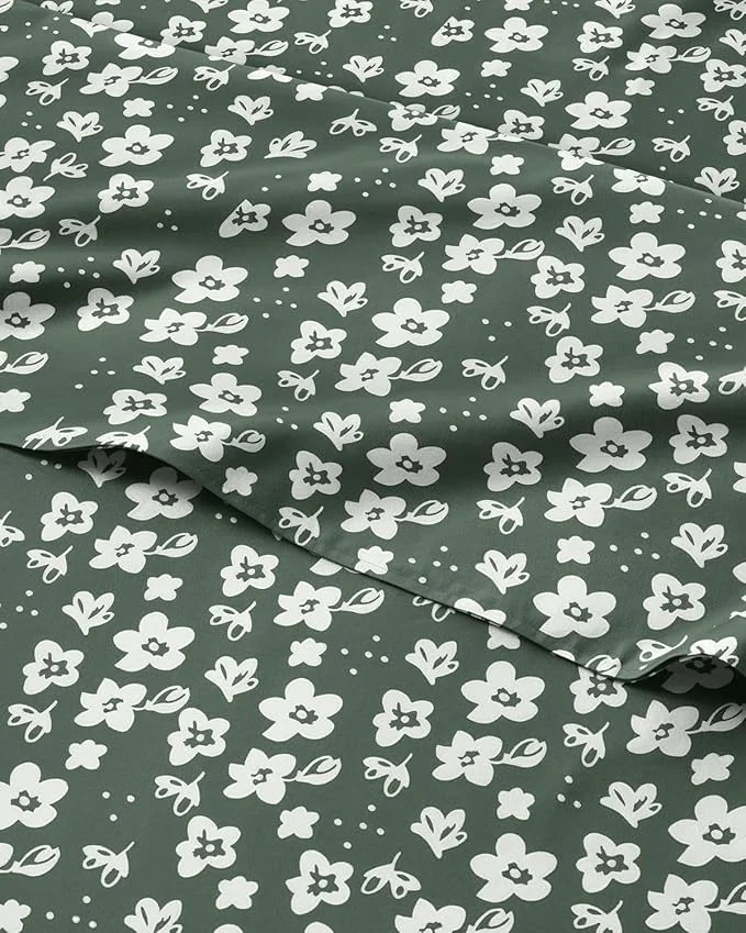 Pure Floral Sheets – Green Floral Bed Sheet Set – 1 Flat 1 Fitted amp 2 Pillowcases w Deep Pockets – Comfy Wrinkle amp Fade – Boho Botanical Bedding – Ultra-Soft Breathable amp Cooling – Full Size Set Safe