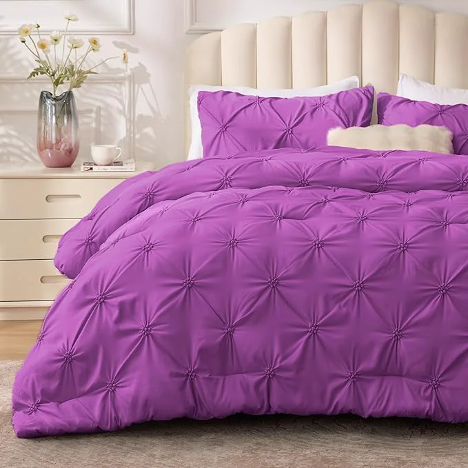 Enhanced BEDELITE Purple King Size Comforter Set – 3 Pieces Boho Pintuck Bedding Comforter Sets Lightweight Soft amp Warm King Bedding Set with 2 Pillowcases for All Season Exclusive
