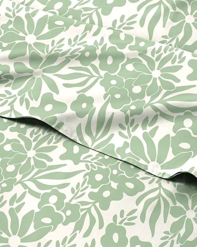High-Grade Floral Sheets – Green Flower Bed Sheet Set – 1 Flat 1 Fitted amp 2 Pillowcases w Deep Pockets – Comfy Cozy Wrinkle amp Fade – Boho Botanical Bedding – Soft Breathable amp Cooling – King Size Set Next-Generation