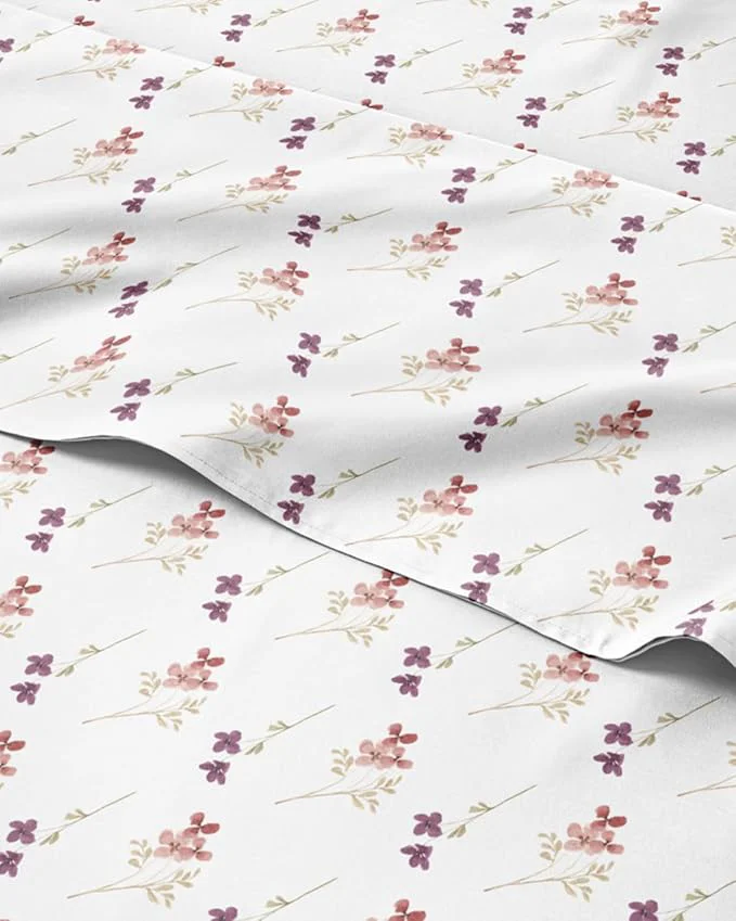 Modern Floral Sheets – Pink amp Purple Floral Bed Sheet Set – 1 Flat 1 Fitted amp 2 Pillowcases w Deep Pockets – Wrinkle amp Fade – Boho Botanical Bedding – Ultra-Soft Breathable amp Cooling – Queen Size Set Minimalist