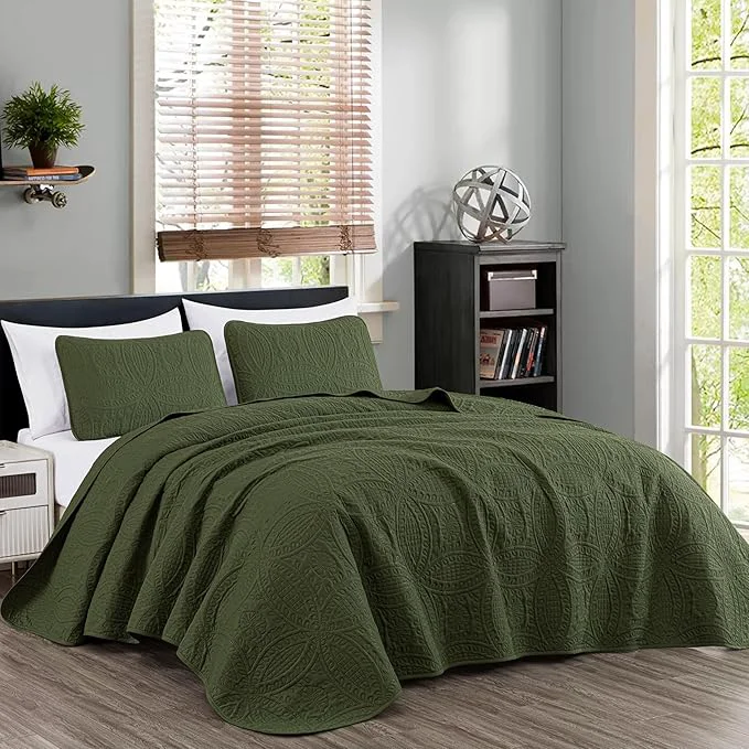 Refined Chezmoi Collection Austin 3-Piece Oversized Bedspread Coverlet Set King Cypress Green Oversized Lightweight Fade Resistant Eco-Friendly