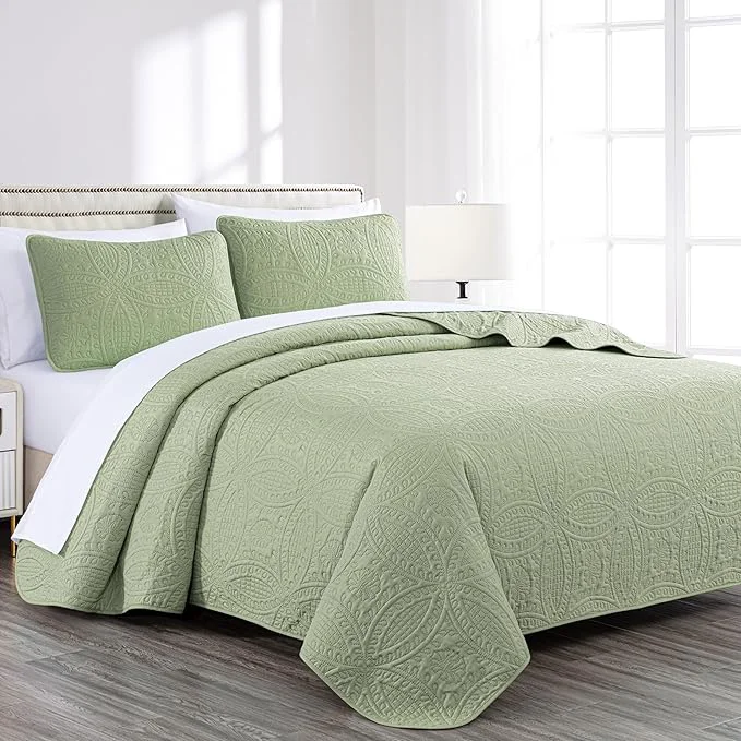 Professional Chezmoi Collection Austin 3-piece Oversized Bedspread Coverlet Set Queen Sage Oversized Lightweight Fade Resistant Recyclable