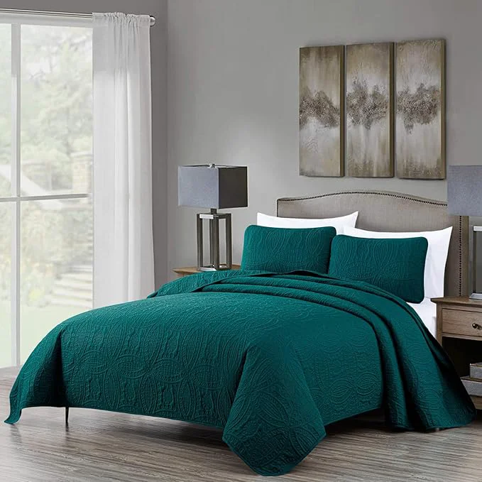 High-Quality Chezmoi Collection Austin 3-piece Oversized Bedspread Coverlet Set Queen Teal Oversized Lightweight Fade Resistant Advanced