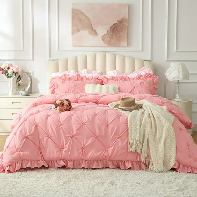 Unique BEDELITE Pink Comforter Set Queen – 3 Pieces Boho Ruffle Pintuck Bedding Comforter Sets Lightweight Soft amp Warm Bed Comforter with 2 Pillowcases for Spring Valentines Day Gift Proven