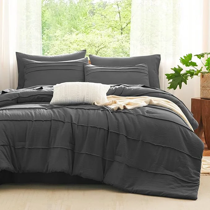 Excellent CozyLux King Size Comforter Set Dark Grey 7 Pieces Soft Pinch Pleat Bed in a Bag King Comforter Set with Sheets Boho Bed Set with Down Comforter Sheets Pillowcases amp Shams Functional