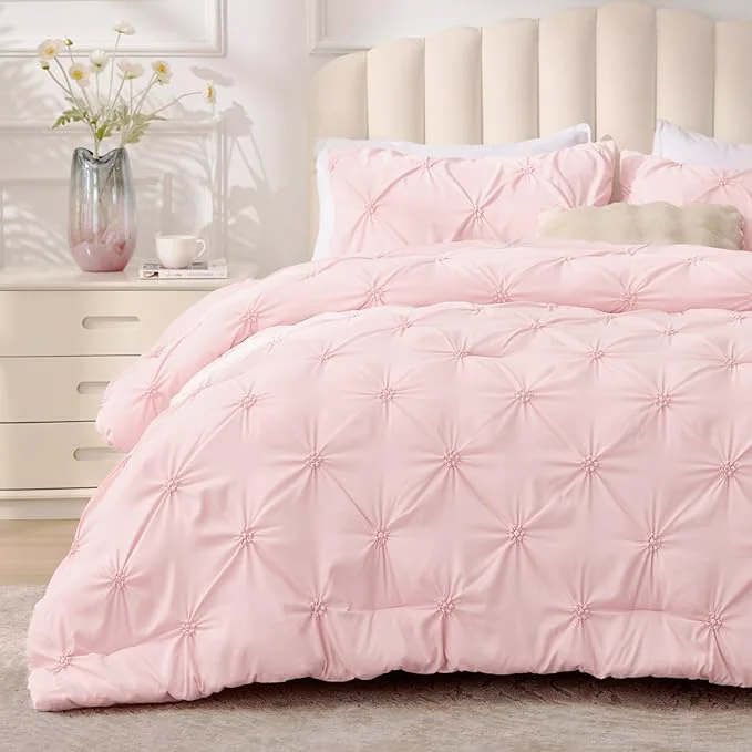 High-End BEDELITE Baby Pink King Size Comforter Set – 3 Pieces Boho Pintuck Bedding Comforter Sets Lightweight Soft amp Warm King Bedding Set with 2 Pillowcases for All Season Carefully Designed