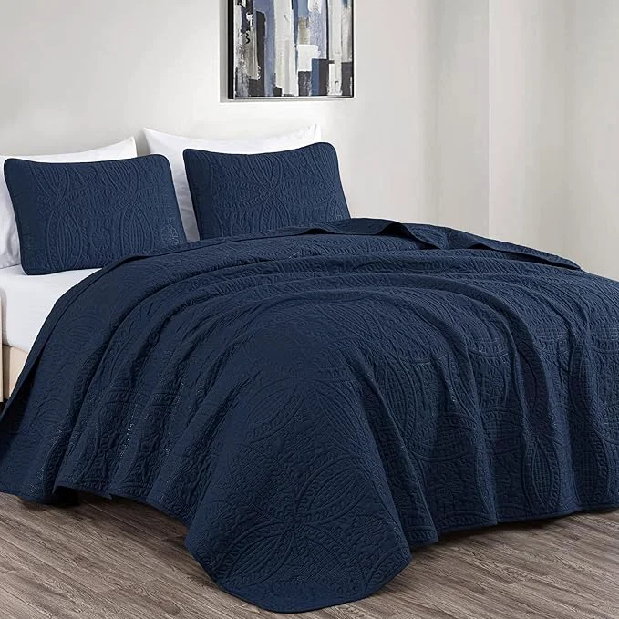 Modern Chezmoi Collection Austin 3-piece Oversized Bedspread Coverlet Set King Navy Oversized Lightweight Fade Resistant Genuine