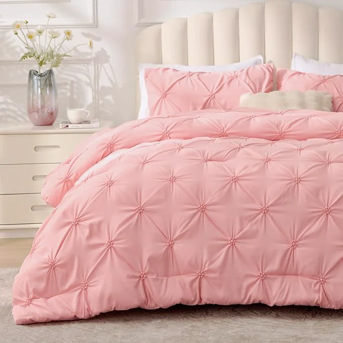 Detailed BEDELITE Pink King Size Comforter Set – 3 Pieces Boho Pintuck Bedding Comforter Sets Lightweight Soft amp Warm King Bedding Set with 2 Pillowcases for All Season High-End