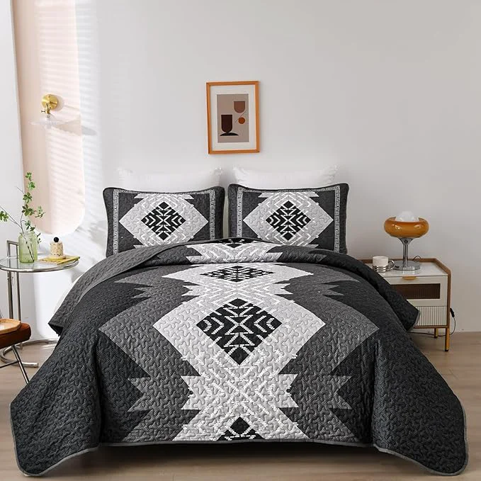 Elite Dintszyayue Boho Queen Quilt Set 3 Pieces Black Grey Aztec Texture Bedspread Coverlet Set Bohemian Quilt Bedding Set Microfiber Lightweight Bed Cover for All Seasons 90 quot ×96 quot First-Class