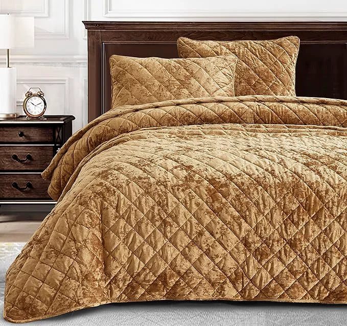 Practical Chezmoi Collection Lux Caramel Gold Velvet Quilt King Set 3-Piece Lush Plush Distressed Velvet Bedding All Season Lightweight Comforter Brushed Microfiber Reverse with Diamond Stitch Quilting Stylish