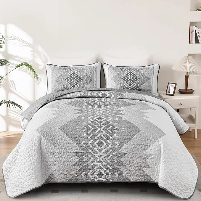 High-Grade Dintszyayue Grey Quilt Set Queen Size 3 Pieces Boho Aztec Quilt Set Queen Gray Bedspread Coverlet Set with 2 Pillowcases Soft Microfiber Bohemian Quilt Bedding Set for All Season 90 quot x96 quot Selected