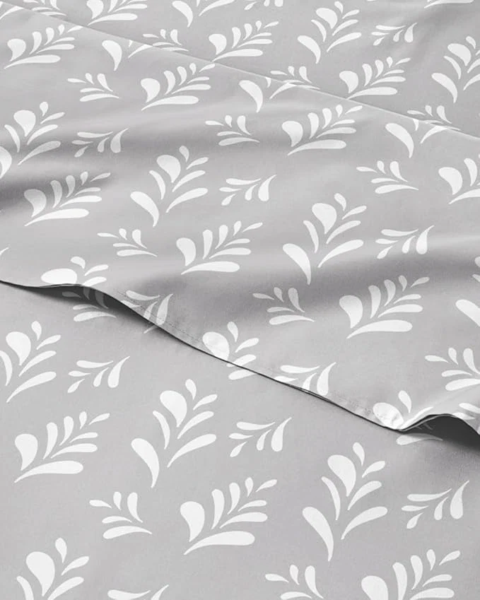 Healthy Floral Sheets – Grey amp White Bed Sheet Set – 1 Flat 1 Fitted amp 2 Pillowcases w Deep Pockets – Wrinkle amp Fade – Boho Botanical Bedding – Ultra-Soft Breathable and Cooling – Cal King Size Set