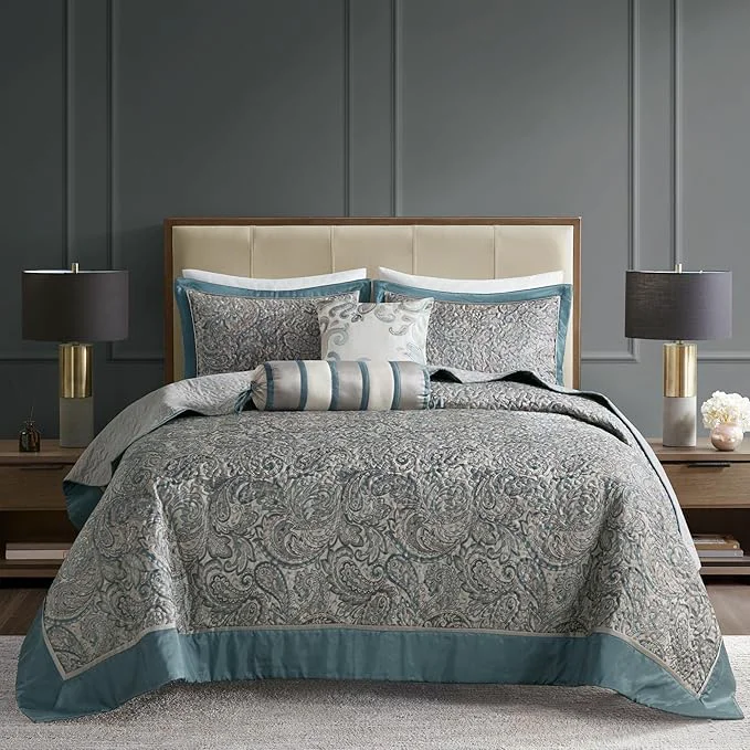 Official Madison Park Aubrey Reversible Quilted Bedspread Set Solid Reverse Summer Breathable Lightweight All Season Bedding Layer Matching Shams Bedspread King 120 quot x118 quot Teal 5 Piece Quality