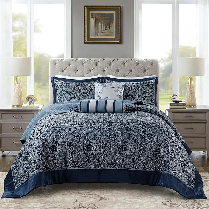 Pure Madison Park Aubrey Reversible Quilted Bedspread Set Solid Reverse Summer Breathable Lightweight All Season Bedding Layer Matching Shams Bedspread Queen 102 quot x118 quot Navy 5 Piece Secure