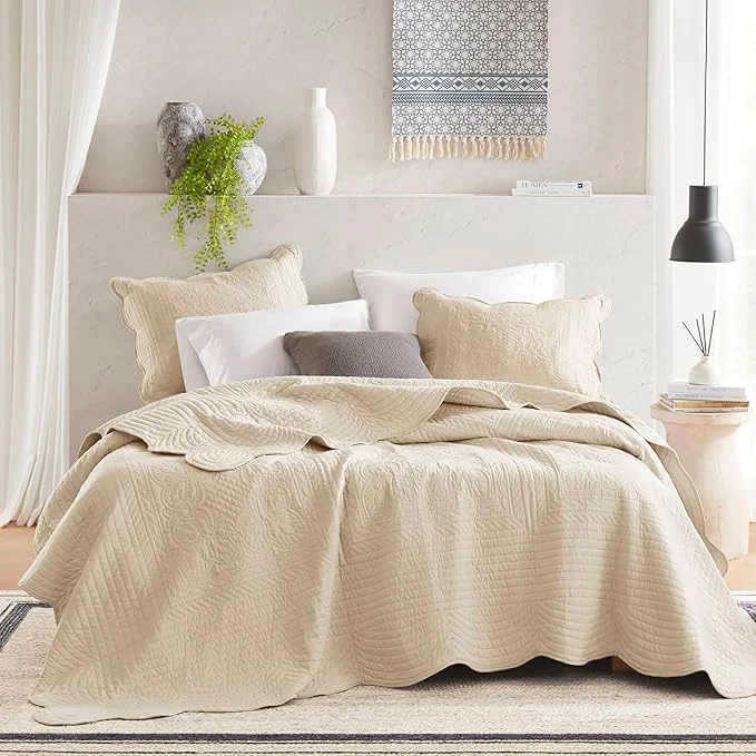 Authentic Madison Park Queen Quilt Set Damask Coverlet Set for Queen Size Bed Cottage Oversized Quilt Set Scallop Edge All Season Pre-washed Cotton-Filled Queen Size Quilt Tuscany Full Queen Cream 3 Piece Unique