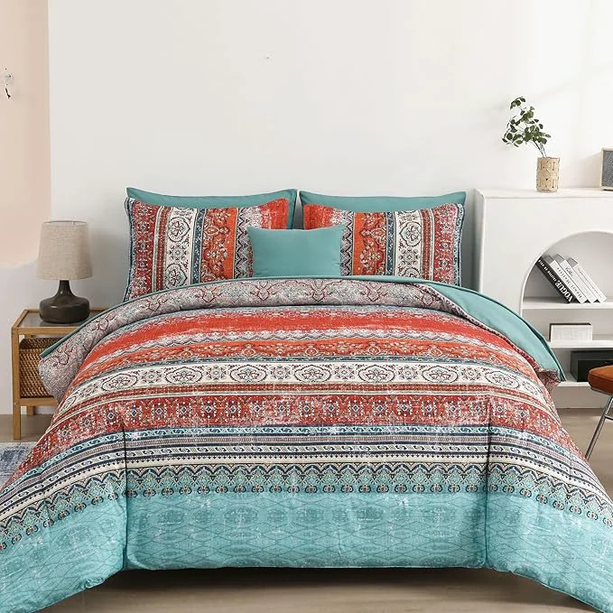 Enhanced Cottolester Boho King Size Comforter Set 8 Pieces Terracotta Comforter Bohemian Striped Bed in A Bag Soft Microfiber Bedding Set for All Seasons Easy-to-Use