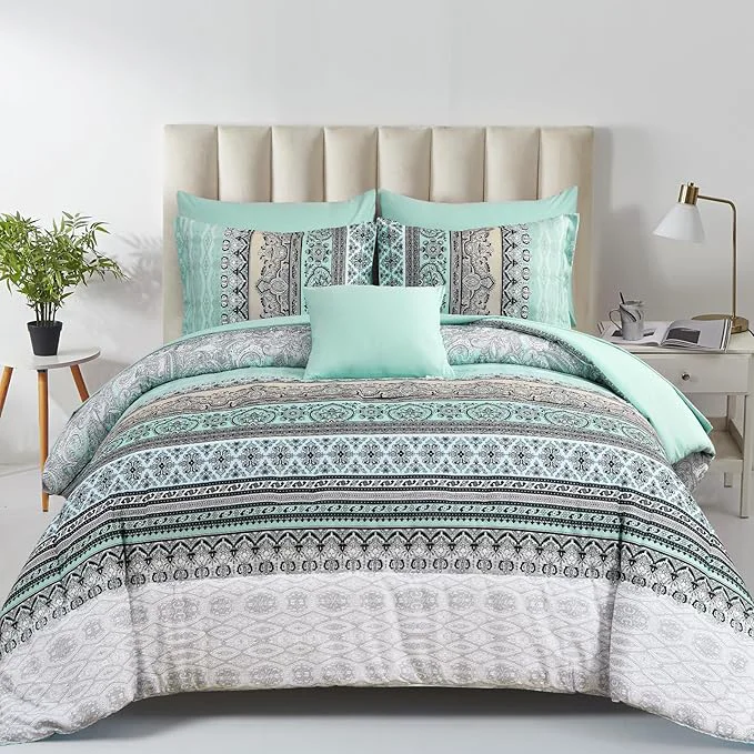 Prestigious Cottolester Boho Comforter Set Full Size 8 Piece Bed in a Bag Sage Green Paisley Comforter and Sheet Set Striped Bedding Set Soft Microfiber Complete Bedding Set Convenient