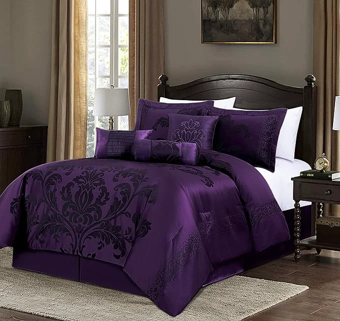 Smart Chezmoi Collection Royale 7-Piece Jacquard Floral Comforter Set Oversized Queen Purple Dark Purple Innovative