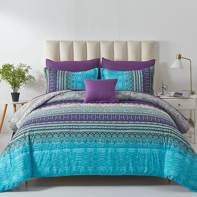 Long-Lasting Cottolester Boho Comforter Set King Size 8 Piece Bed in a Bag Bohemian Striped Bedding Quilt Set Aqua Paisley Floral Comforter and Sheet Set Soft Microfiber Complete Bedding Sets for All Season Flexible