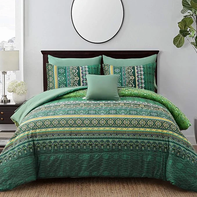 Smart Boho Green Comforter Set Full Size 8 Piece Bed in a Bag Bohemian Striped Bedding Quilt Set Dark Green Paisley Floral Comforter and Sheet Set Soft Microfiber Complete Bedding Sets for All Season Stylish