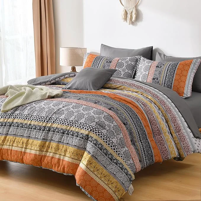 Authentic Cottolester Boho Comforter Set King Size 8 Pieces Orange Bohemian Striped Bed in a Bag Paisley Soft Microfiber Bedding Comforter Set Consistent