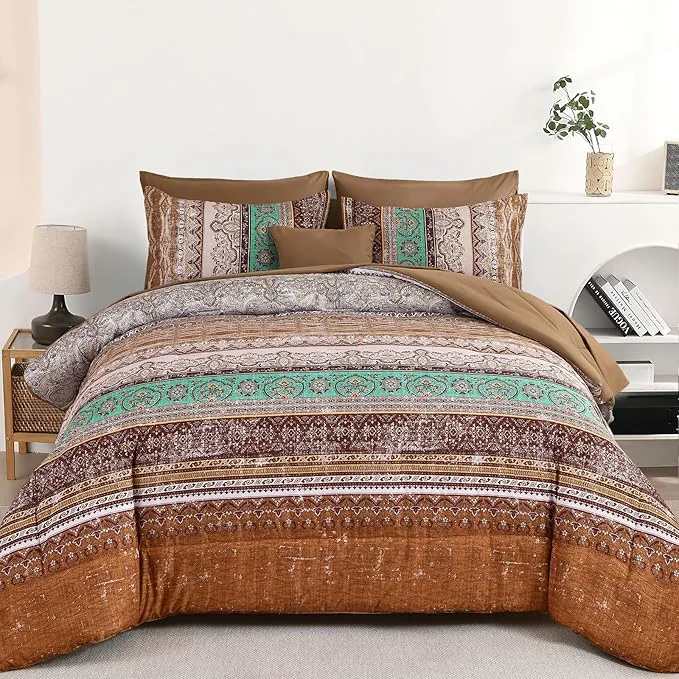Consistent Cottolester Boho Queen Comforter Set 8 Pieces Brown Bohemian Striped Bed in a Bag Paisley Soft Microfiber Bedding Comforter Set Exceptional